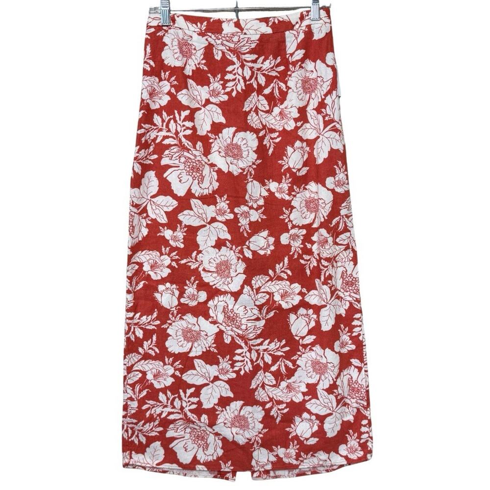 Old Navy Linen Blend Column Maxi Skirt Red Floral Side Zip Back Slit NEW